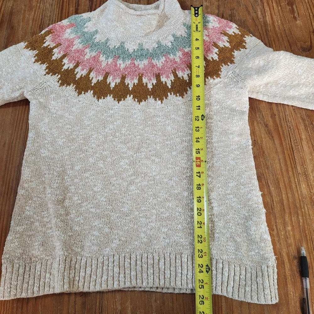 L.L. Bean Women's Cotton‎ Ragg Sweater Large Funnel Roll Neck Fair Isle Beige - Picture 6 of 11